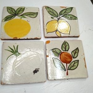 Vintage Set of Four Hand painted Kitchen Tiles Vegetables